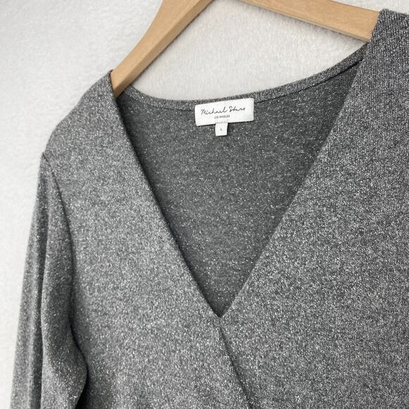 MICHAEL STARS Top L Knit Claudine Convertible Surplice Sparkle Madison Gray USA - Picture 5 of 10